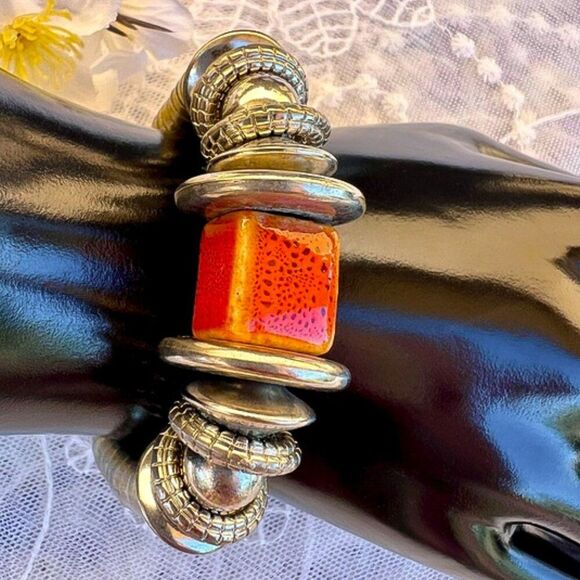 Coil Wrapped Silver Bracelet with Bold Orange Ceramic Pottery Bead Accent - Picture 6 of 9